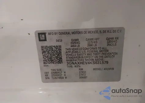 2019 Chevrolet Equinox Ls из США, поврежденный, VIN 3GNAXHEV4KS631579